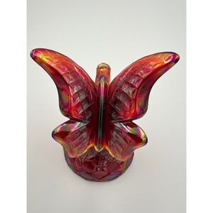 Fenton Red Carnival Glass Butterfly on Branch Figurine Iridescent Art Glass
